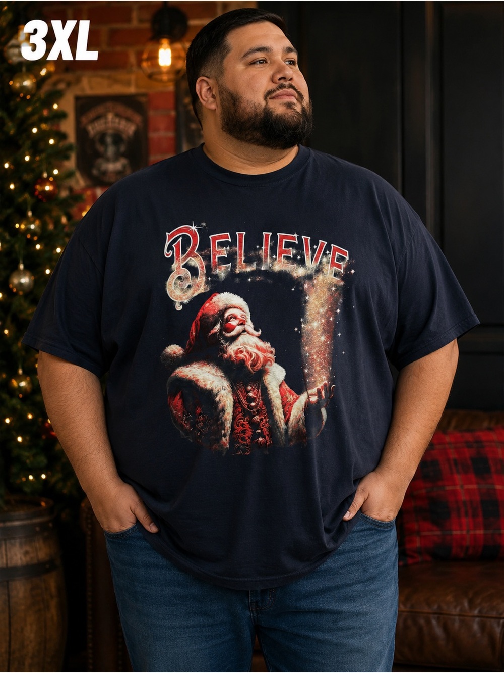 Holiday Time black 'Believe' Santa Graphic Short Sleeve Tee 3XL
